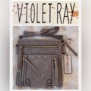 Violet Ray Crossbody Bag Taupe Laser-Cut Gold Accents pockets faux leather NWT